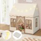 Large toddler playhouse with star string lights, breathable mesh curtains, and soft coral velvet mat for cozy playtime.