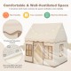 Large toddler playhouse with breathable mesh curtains, star string lights, and soft coral velvet mat for cozy playtime.