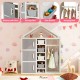 Kids costume storage closet in gray with shelves, storage bins, and side baskets for organized kids' room.