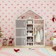 Kids costume storage closet in gray with bins and shelves, perfect for organizing toys and clothes in a child's room.