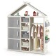 Kids costume storage closet in gray with bins, shelves, and side baskets for organizing toys and clothes in a child's.