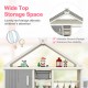 Kids costume storage closet in gray with wide top storage space, adjustable shelves, and side baskets for organizing.