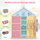 Kids costume storage closet in gray with bins and shelves, ideal for organizing toys, clothes, and shoes in a child's.