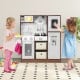 Kids modern toy kitchen playset with lights and sounds, featuring a stove, ice maker, and storage for imaginative play.