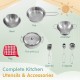 Complete kitchen utensils and accessories set including bowl, colander, spatula, and spoons for kids' cooking play.