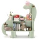 Dinosaur-shaped 3-tier kids bookshelf in green with multiple open shelves, ideal for nursery or playroom organization.