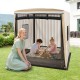 Wooden sandbox with canopy for children, featuring roll-up curtains and built-in seats, perfect for outdoor play.
