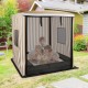 Wooden sandbox with canopy for children, featuring breathable mesh windows and roll-up curtains for outdoor play.