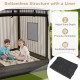 Wooden sandbox with canopy featuring a bottomless design, breathable mesh, and built-in seats for children aged 3+.