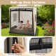 Wooden sandbox with canopy featuring roll-up door curtains, breathable mesh, and built-in seats for children's play.