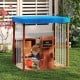 Kids Gas Station playhouse with blue canopy, featuring gas refueling guns and storage shelves for imaginative play.