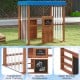 Kids gas station playhouse in brown with transparent curtains, double chalkboards, and open storage shelves for.