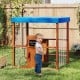 Kids Gas Station Playhouse with blue canopy, featuring storage shelves and gas refueling guns for imaginative outdoor.