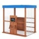 Kids gas station playhouse in brown with blue canopy, featuring gas refueling guns and two chalkboards for imaginative.