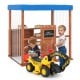 Kids Gas Station Playhouse with gas refueling guns, brown cedar wood, and waterproof canopy for imaginative play.