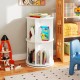 Freestanding white 2-tier rotating bookshelf with bunny baffles, perfect for kids' playroom or bedroom storage.