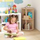 2-tier rotating kids bookshelf in natural finish with bear baffles, ideal for playroom storage and easy access to books.