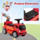 Kids push ride-on fire truck in red with dimensions, featuring a ladder bubble maker, headlights, and durable wheels.