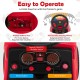 Kids push ride-on fire truck dashboard featuring a steering wheel, music button, and bubble switch for fun playtime.