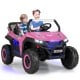Two kids enjoying a pink 12V UTV ride-on car with safety features and music, perfect for outdoor fun.