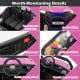 Detail shot of the 12V pink kids UTV showcasing the lockable door, storage net bag, and flexible steering wheel.