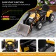 Kids ride on excavator in yellow with adjustable bucket, remote control, and slow start function for safe driving.