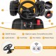 Close-up of the steering wheel and control panel of a yellow 12V battery-powered kids ride-on excavator for easy.