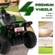 Kids ride-on ATV in army green with 4 wear-resistant wheels, ideal for various terrains like lawn and beach.