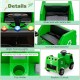 Green 12V kids ride-on garbage truck with wide seat, safety belt, warning lights, and cup holder for fun recycling play.