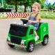 Green 12V kids ride-on garbage truck with warning lights, realistic recycling box, and comfortable seat for safe.