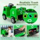 Green 12V kids ride-on garbage truck featuring a realistic recycling box and six accessories for learning recycling.