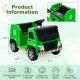 Green 12V kids ride-on garbage truck with warning lights, recycling accessories, and safety features for ages 3-8.