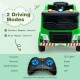 Green 12V kids ride-on garbage truck with remote control, warning lights, and 6 recycling accessories for fun learning.