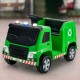 Green 12V kids ride-on garbage truck with warning lights, recycling box, and comfortable seat for safe driving fun.