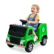 Green 12V kids ride-on garbage truck with warning lights, recycling accessories, and a comfortable seat for safe play.