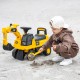 Child playing with the Licensed Caterpillar Kids Ride-On Digger in yellow, featuring a control lever and flexible.