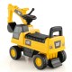 Yellow licensed Caterpillar kids ride-on digger with steering wheel, control lever, and under-seat storage for ages 1-3.
