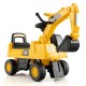 Caterpillar kids ride-on digger in yellow with control lever, flexible steering, and under-seat storage for ages 1-3.