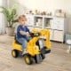 Yellow Caterpillar kids ride-on digger with control lever, steering wheel, and under-seat storage for ages 1-3.