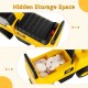 Yellow licensed Caterpillar kids ride-on digger with hidden storage space for toys, featuring a control lever and.