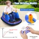 Blue 12V electric kids ride-on bumper car with dual joysticks, flashing lights, and adjustable safety belt for toddlers.