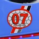 Blue bumper car featuring "07 DRIFTING" sticker, designed for kids aged 2-5 with flashing lights and dual joysticks.