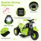 Kids electric ride-on motorcycle in green with LED headlight, music function, and bubble maker for fun outdoor play.