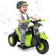 Kids electric ride-on motorcycle in green with bubble maker, music, and LED headlight for fun outdoor rides.