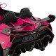 Rear view of the pink 12V Lamborghini kids ride-on car featuring a carbon fiber spoiler and LED lights for fun.
