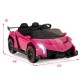 Pink 12V licensed Lamborghini kids ride-on sports car with LED headlights, remote control, and safety features for ages.