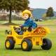 Kids ride-on dump truck in bright yellow with tiltable bump bed, perfect for outdoor fun on grass or sand.