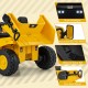 Yellow 12V Caterpillar kids ride-on dump truck with bright headlights, adjustable mirrors, and tiltable bump bed for.