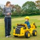Kids ride-on dump truck in bright yellow with tiltable bump bed, remote control, and LED headlights for outdoor fun.