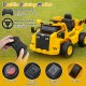 Bright yellow 12V Caterpillar kids ride-on dump truck with remote control, tiltable bump bed, and LED headlights.